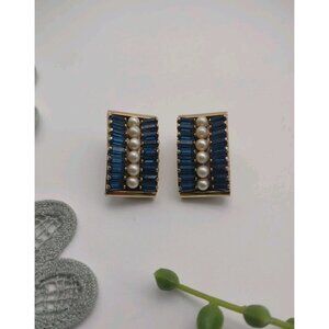 Vintage LERU Signed 1” Blue Baguette Rhinestone and Faux Pearl Clip On Earrings